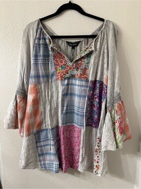 Young Threads Boho Patchwork Peasant Top, Large, Mixed Print Cottagecore Blouse